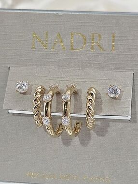 Nadri Gold Earrings Set Brunch Earrings Trio Hoops & Studs Precious Metal Boho